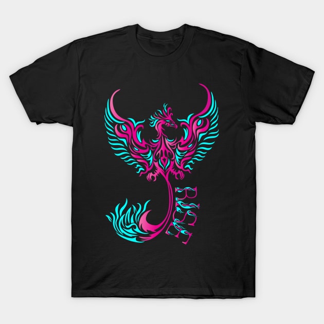 Rise up like a Phoenix from the ashes. Pink and Blue Phoenix in a Tribal / Tattoo Art style T-Shirt by Designs by Darrin